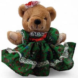 Vintage EUC ANCO Plush Teddy Bear Brown 1991 Green Holiday Rocking Horse Dress‎